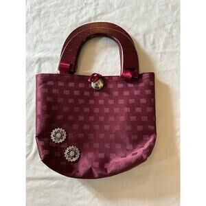 Vintage Maroon Satin Handbag with Wood Handles | Retro Boho Bag